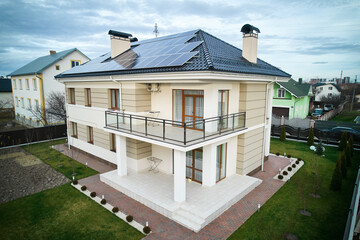 Home residence with solar panel system for generating electricity through photovoltaic effect. New...