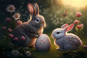 Fototapeta premium A mother rabbit and a baby rabbit found a large Easter egg in the garden.