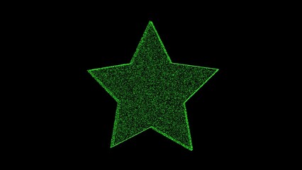 3D green star on black background. Object consisting of flickering particles. Science tutorial concept. Abstract backdrop for logo, title, presentation. 3D animation