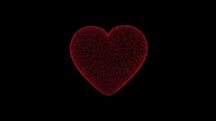 3D red heart on black background. Object consisting of flickering particles. Science tutorial concept. Abstract backdrop for logo, title, presentation. 3D animation.