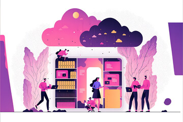 fuchsia Flat vector illustration business technology storage cloud computing service concept with administrator team working on cloud



