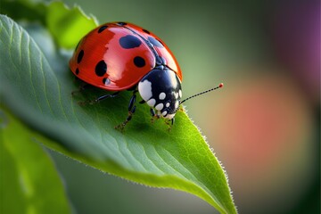  a lady bug sitting on top of a green leaf on a sunny day with a blurry background of leaves and a blurry background of a blurry background of a green leaf with a. Generative AI - obrazy, fototapety, plakaty