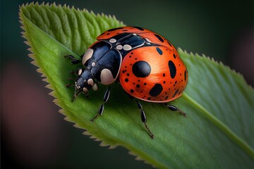  a lady bug sitting on top of a green leaf covered in dots of black dots and dots of orange dots on the back of the lady bug's body, with a black spot. Generative AI