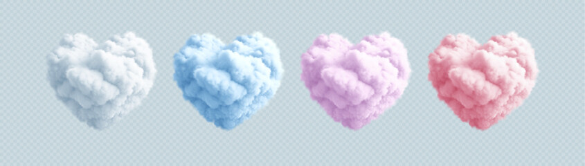 Set of Fluffy Heart Cloud. White, Blue, Pink and Purple Color. Concept Design for Valentines Day Postcard, Banner, Leaflets. Realistic 3d Render. Vector Illustration