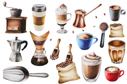 Watercolor illustration set for making coffee. Includecoffee maker, jute coffee bag, latte in a glass cup, Americano, cappuccino. Hand painting on a white isolated background. For designers, menu