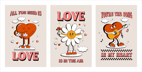 Set of Retro groovy posters. Hippy Love concept. Happy Valentines day greeting cards in trendy retro 60s 70s cartoon style. Vector illustration in pink RED colors. Card, postcard, print.
