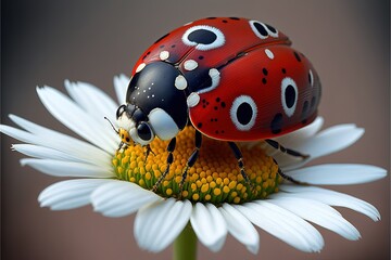  two ladybugs sitting on top of a flower with white petals on it's petals and one on the back of the flower with black spots on its head and one with white spots. Generative AI