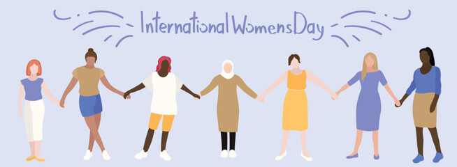 Group of different women and text INTERNATIONAL WOMEN'S DAY on light background