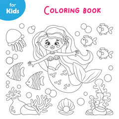 Naklejka premium Mini game, marine series. Coloring book for children. Cute mermaid cartoon style