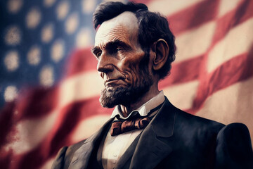 Abraham Lincoln on the background of the American flag. Abraham Lincoln birthday. Generative AI