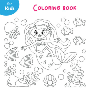 Mini game, marine series. Coloring book for children. Cute mermaid cartoon style