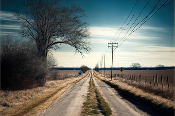 Fototapeta premium a road with a tree and a truck on it and a field in the background with a telephone pole and telephone wires above it and a field with a few trees and a few bushes. Generative AI