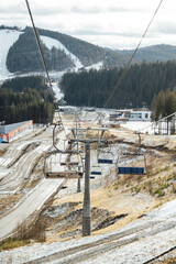 A beautiful view of the mountains from the funicular, but which skiers climb
