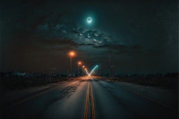  a long road with a bright light at night and a bright moon in the sky above it and a dark sky with clouds and stars above it, and below it is a street light. Generative AI