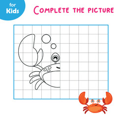 mini game. complete the picture. Draw the second half of cute crab in the cells.