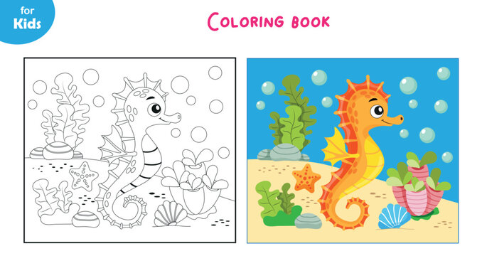Funny seahorse. Coloring book for children, educational games. Sea series games