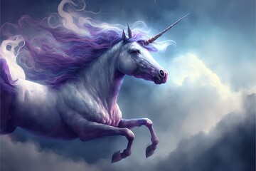 Obraz na płótnie Canvas a unicorn with a long mane is flying through the air with clouds in the background and a star in the sky above it, with a blue sky with clouds and white clouds and blue. Generative AI
