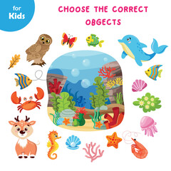 Mini game for kids, pick the right picture. Marine theme. Fauna, marine animals