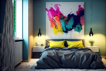  a bedroom with a large painting on the wall and a bed with a yellow pillow and two lamps on either side of the bed and a painting on the wall above the bed. Generative AI