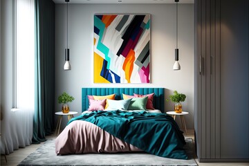  a bedroom with a bed, a painting, and a painting on the wall above it is a green bed with a blue headboard and a green blanket and a white table with two lamps. Generative AI