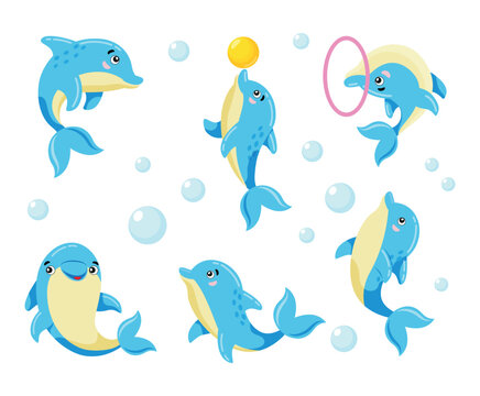 Image of a dolphin in cartoon style. A set of 6 different characters. Children's education