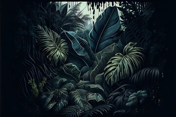 Naklejka na ściany i meble A dark tropical forest in the rain. Generative AI