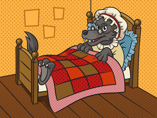 Sly wolf in bed from Little Red Riding Hood fairy tale pinup pop art retro raster illustration. Comic book style imitation.