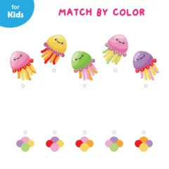 Fotobehang pick by color. Match the colored jellyfish with the correct colors. Marine game series © Natallia