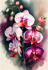Watercolor painting art. Generative Ai illustration orchid 