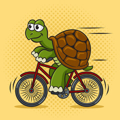 cartoon turtle riding bike pinup pop art retro raster illustration. Comic book style imitation.