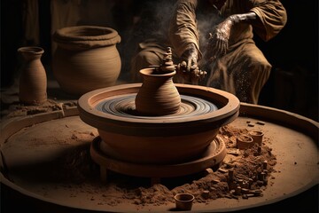  a potter making a vase out of clay on a wheel with a potter's wheel in the background and a person sitting behind it with a clay pot in the foreground of the photo. Generative AI