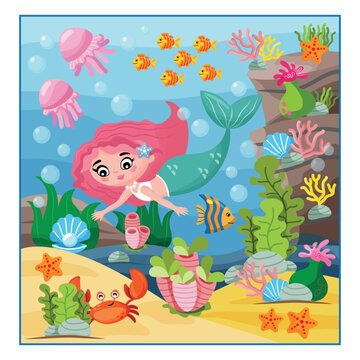 illustration, mermaid in the underwater world. cartoon style for children's