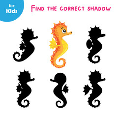 Mini game for children. find the correct shadow for the seahorse. learning, fun