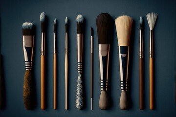  a collection of brushes lined up on a blue surface with a black background and a white stripe on the top of the brushes and the brushes are lined up in a row of the same. Generative AI