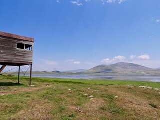 Watchtower at Madatapa Lake in Javakheti volcanic plateau. Ninotsminda, Georgia.