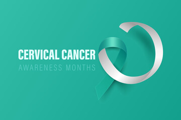 Cervical Cancer Banner, Card, Placard with Vector 3d Realistic Teal and White Ribbon on Teal Background. Cervical Cancer Awareness Month Symbol Closeup. World Cervical Cancer Day Concept