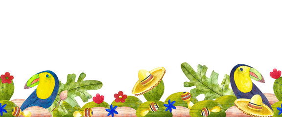Watercolor hand painted seamless border cactuses and toucans. Illustrations for decor, textile,  fabric, cards, banners, icons, posters.  © Mariia