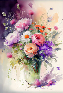 Watercolor painting generative Ai illustration of a bouquet of flowers in vase