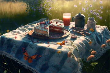  a painting of a cake on a table with a butterfly design on it and a candle on the table next to it and a jar of honey in the background with butterflies on the table. Generative AI