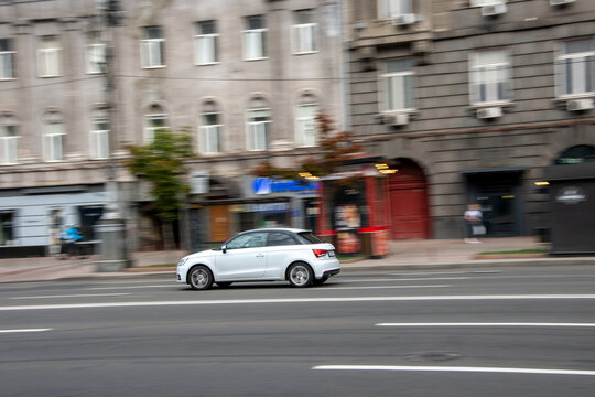 Ukraine, Kyiv - 2 August 2021: White Audi A1 car moving on the street. Editorial