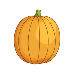 Single ripe pumpkin isolated on white background. Autumn food and vegetable concept. Flat cartoon illustration. Clipart element for design for Thanksgiving, Halloween, Harvest Festival.