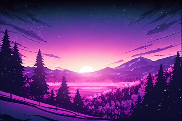 Winter mountain sunset landscape