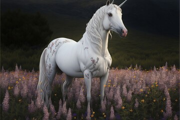 Obraz na płótnie Canvas a white unicorn standing in a field of flowers with a mountain in the background with a sky background and a full moon in the sky above it, with a few clouds and a few. Generative AI