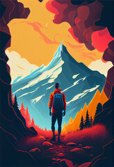 Fototapeta premium Hiker in the mountains. Generative Ai illustration in vector style. 