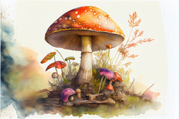 Aquarelle painting art. Generative Ai illustration of mushrooms in the forest - 564043136