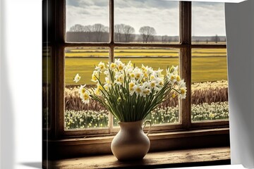 Obraz na płótnie Canvas a vase of daffodils on a window sill with a view of a field of flowers outside of a window pane with a cloudy sky in the background, with a white frame. Generative AI