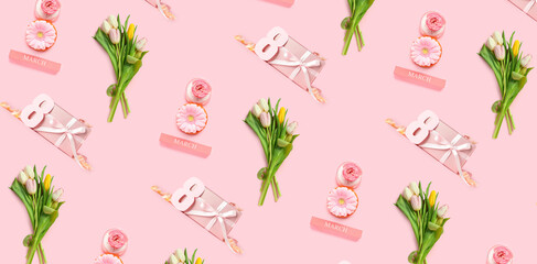 Fototapeta na wymiar Many gifts, figures 8 and flowers on pink background. Pattern for International Women's Day