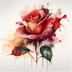 Watercolor painting art. Generative Ai illustration red rose flower