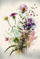 Aquarelle painting art. Generative Ai illustration floral background with flowers