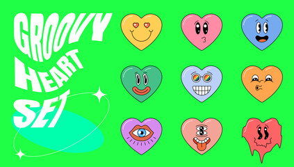 Fototapeta premium Retro groovy style heart shape set. Psychedelic hippie crazy love character collection. Vintage hippy various emoji valentines sticker pack. Emoticon mascots abstract trendy y2k vector illustration